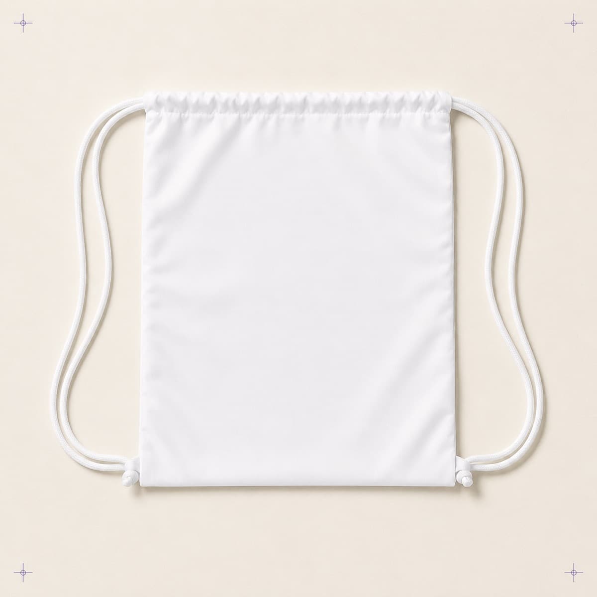 Drawstring Bag, an unprinted 100% polyester blank photographed flat on almond paper.