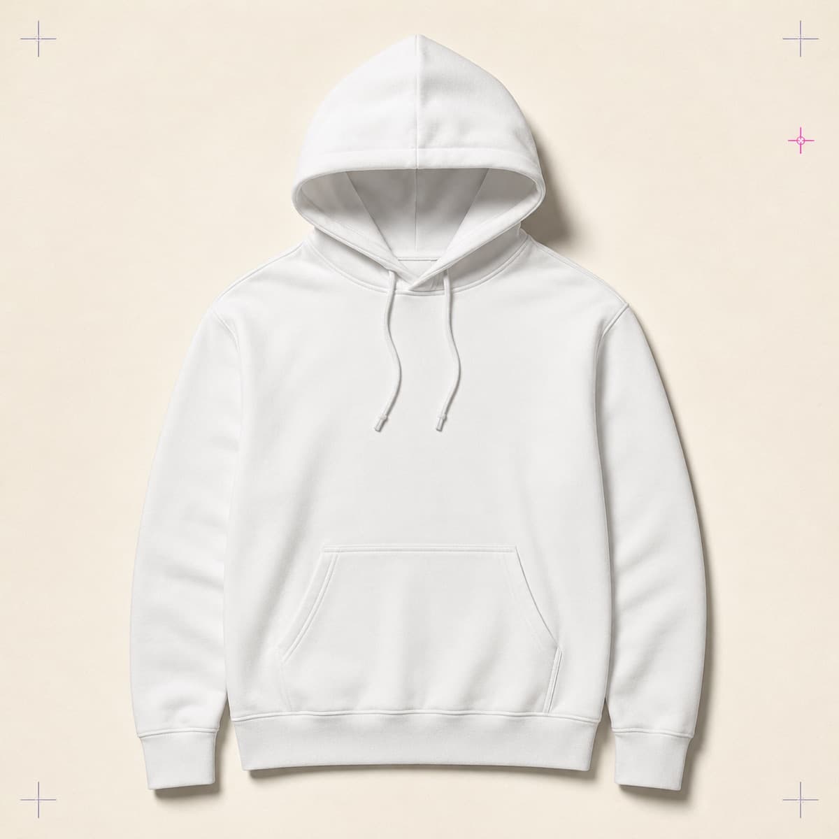 Sublimation Hoodie 280 g/m², an unprinted 100% polyester, brushed back blank photographed flat on almond paper.