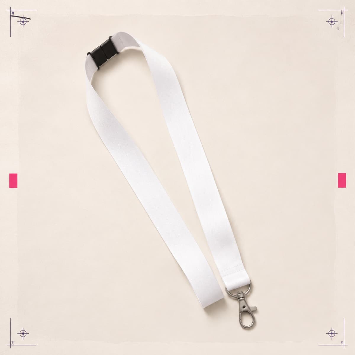 Lanyard, an unprinted ribbon 100% polyester; trigger clip zinc alloy; breakaway polyacetal blank photographed flat on almond paper.