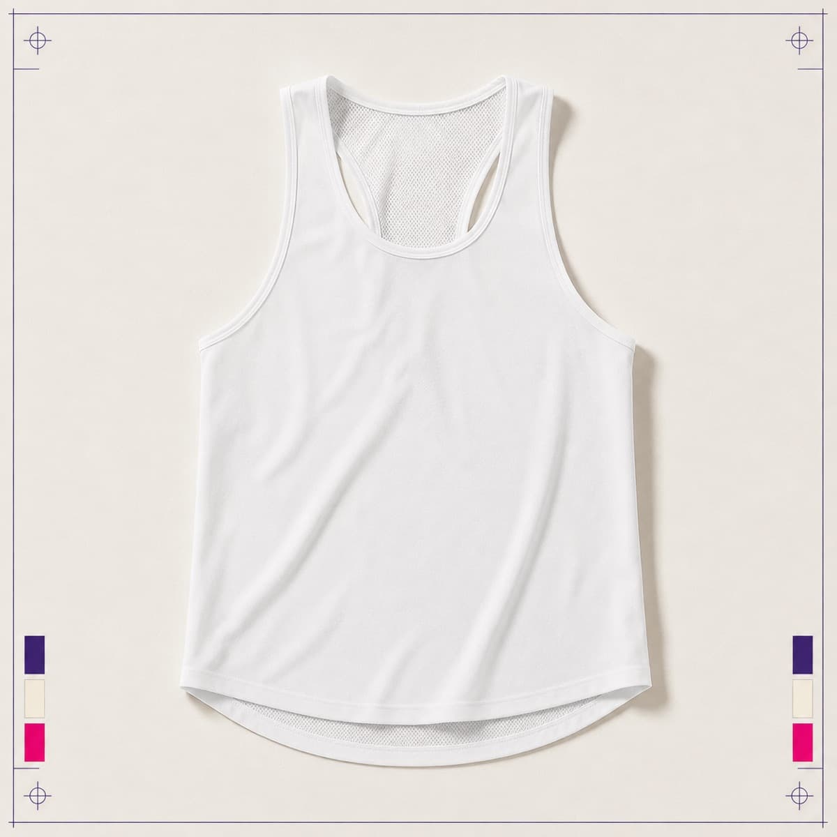Running Singlet, an unprinted 100% polyester, mesh back panel blank photographed flat on almond paper.