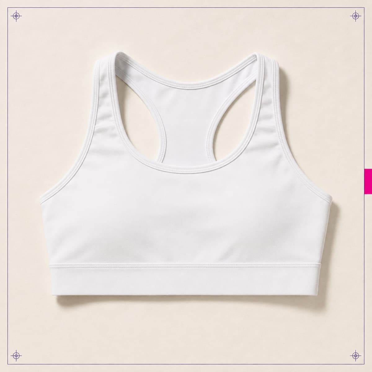 Sports Bra, an unprinted 100% polyester blank photographed flat on almond paper.