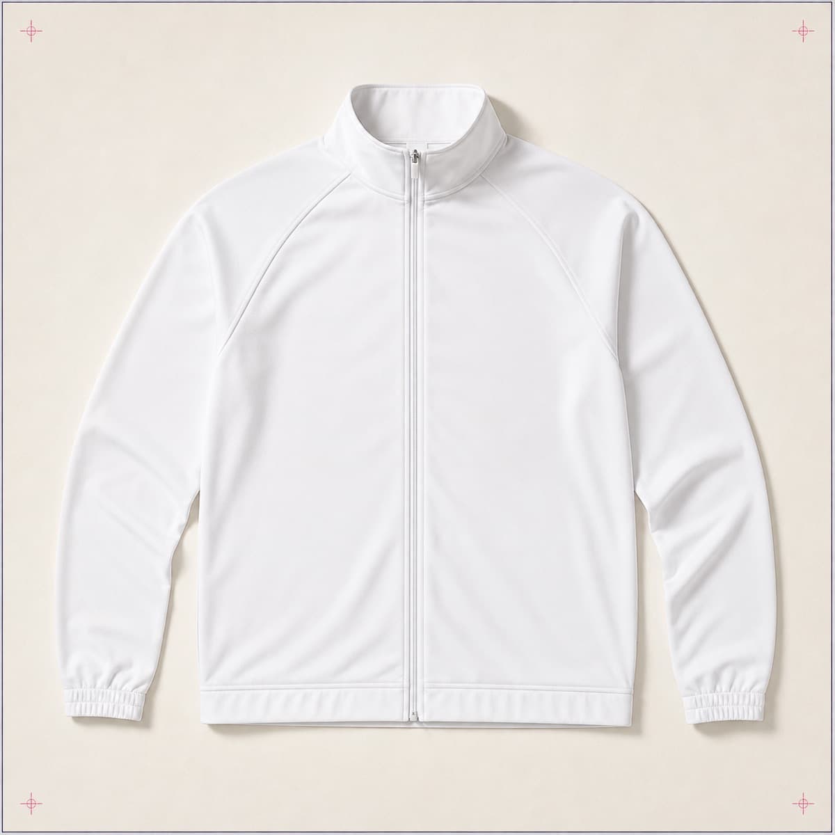Team Tracksuit Top, an unprinted 100% polyester tricot blank photographed flat on almond paper.