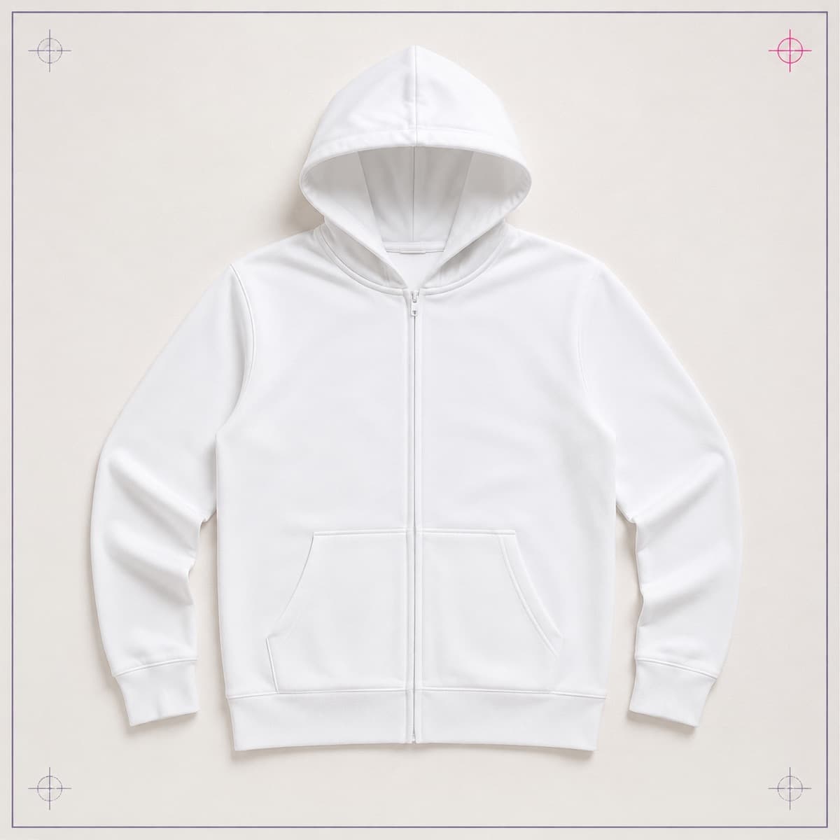 Sublimation Zip Hoodie, an unprinted 100% polyester, brushed back blank photographed flat on almond paper.