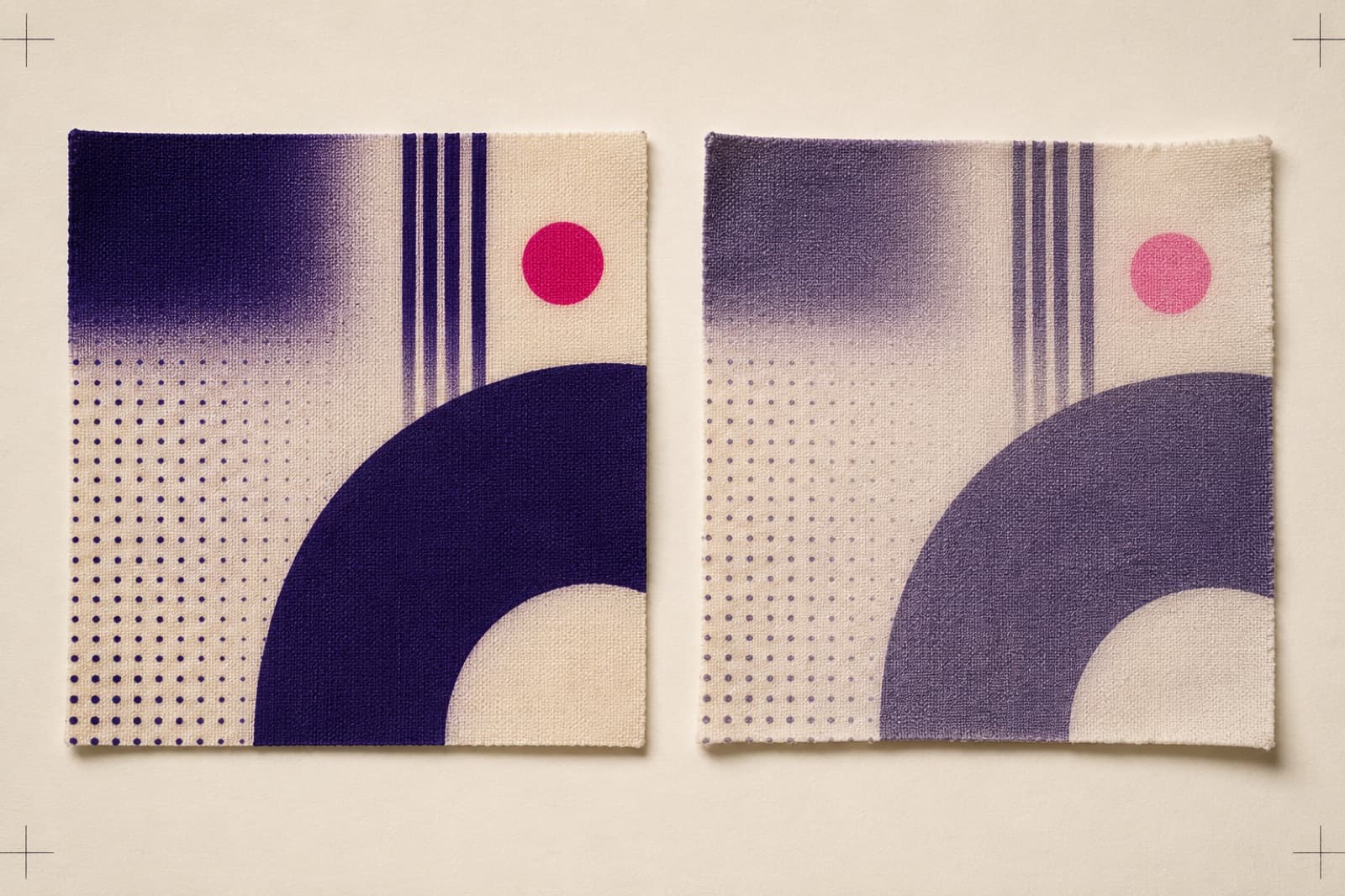 Two squares of the same sublimation-printed polyester side by side: the left crisp and new, the right slightly softened and marginally lighter after repeated laundering.