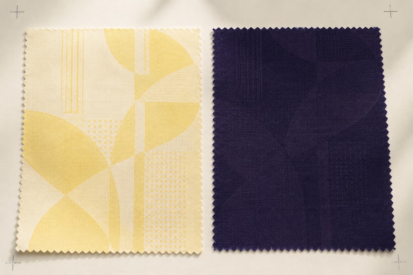 The same pale geometric pattern printed twice: on a cream panel where it reads clearly, and on a dark charcoal panel where it has almost entirely disappeared.