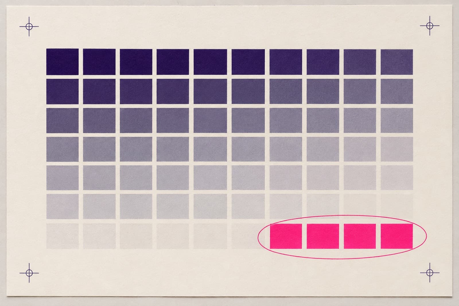 A printed colour-proof chart of violet and neutral patches, with four patches in the lower right rendered in fluorescent magenta and circled as unreachable.