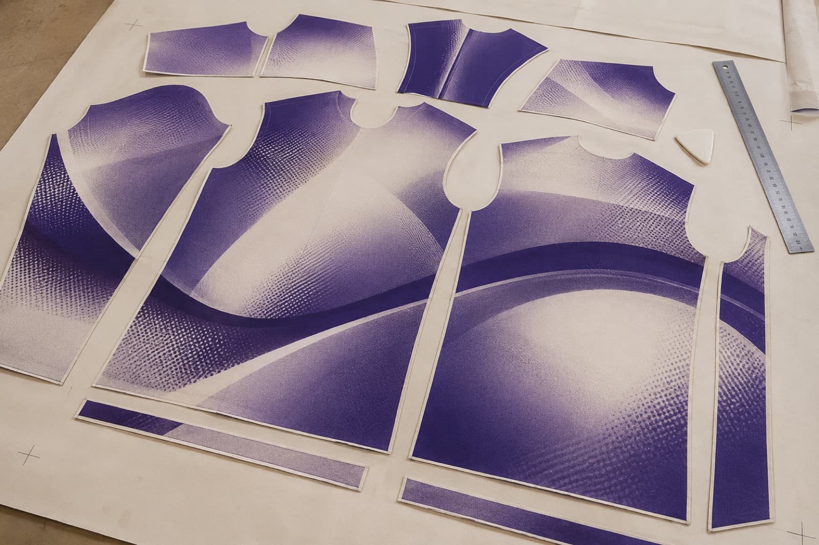 Cut polyester pattern pieces laid flat, each already printed with part of one continuous gradient so the pattern lines up across the cut edges, with a steel rule alongside.