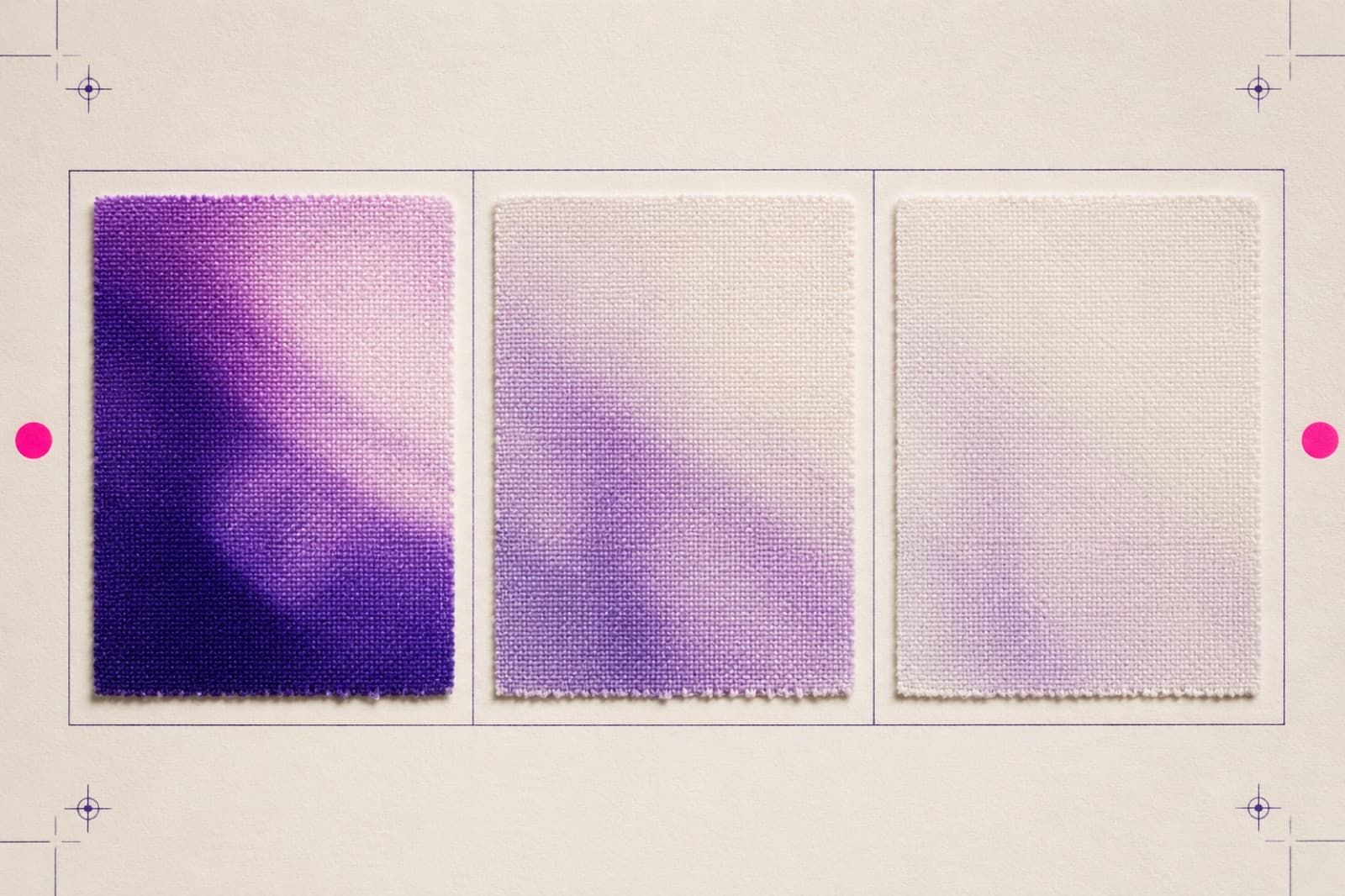 Three fabric squares side by side carrying the same violet gradient: vivid and saturated on 100% polyester, noticeably paler on a poly-cotton blend, and almost invisible on cotton.