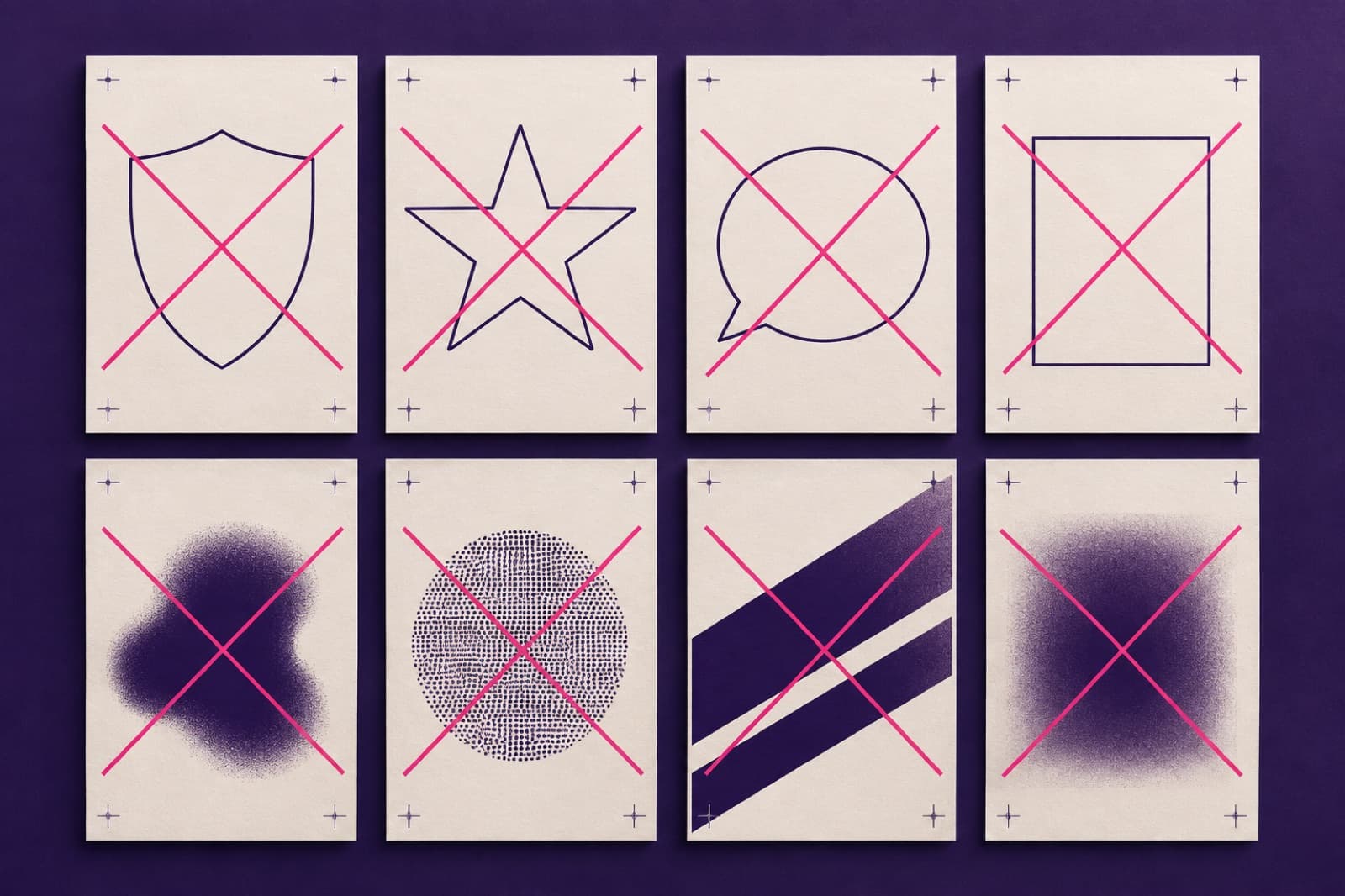 A grid of eight cards, each holding a deliberately generic placeholder shape — a blank shield, a plain star, an empty speech bubble, an abstract mark — struck through with a bold magenta cross.