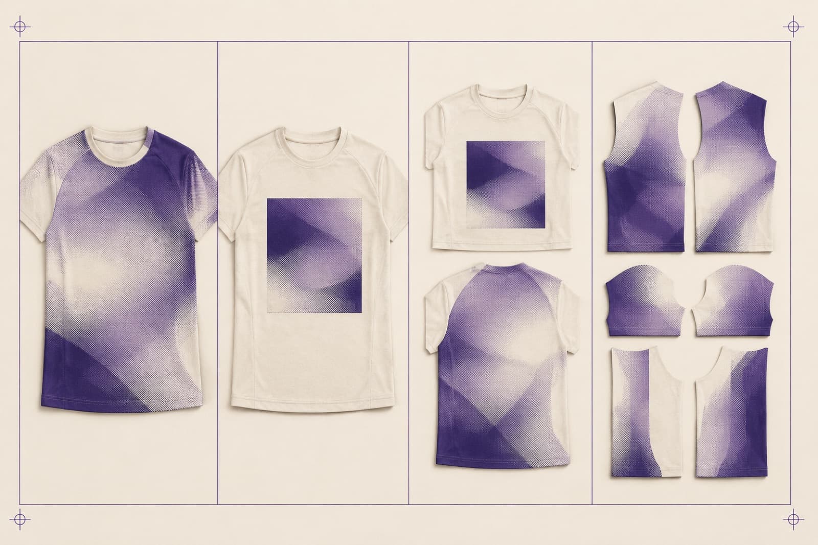 Four identical pale polyester panels in a row, each carrying the same violet gradient applied differently: covering the whole panel, a chest rectangle only, chest and back, and assembled from separately printed cut pieces.