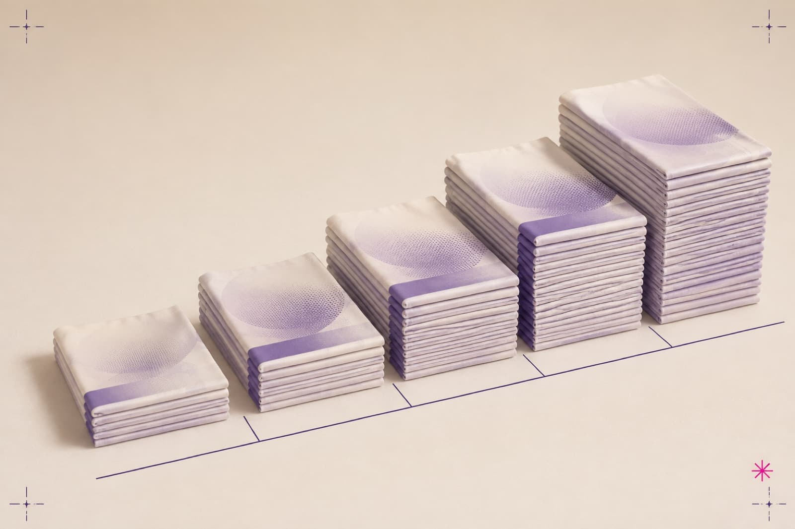 Five ascending stacks of pale polyester blanks photographed from a low angle on an almond surface, with fine ink rules drawn between them like a printed chart baseline.