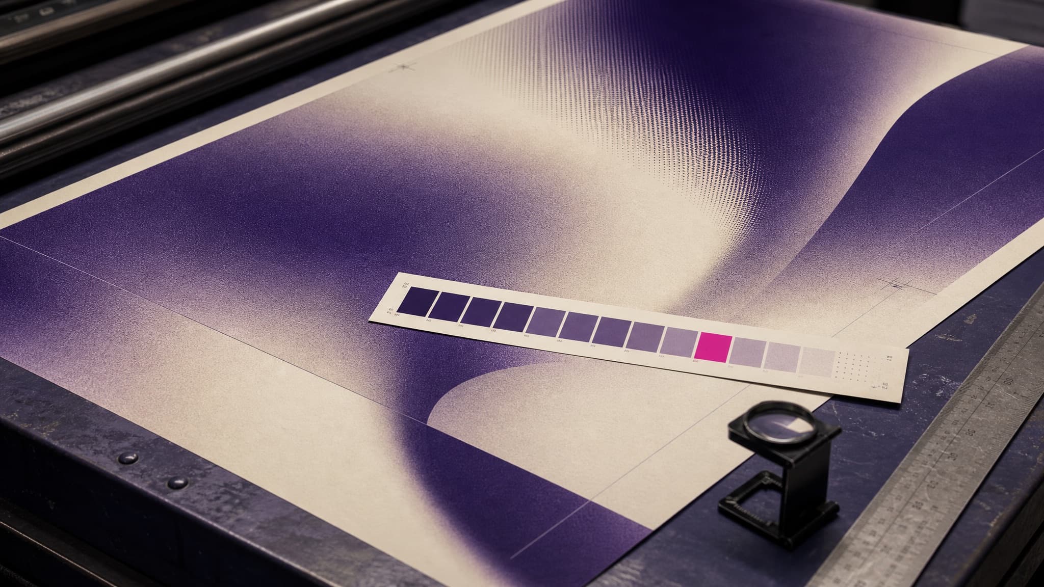 A large proof sheet on a press table, printed edge to edge with a violet and cream gradient, with a printed control strip of graduated ink patches lying across it and a press operator's loupe at the edge.